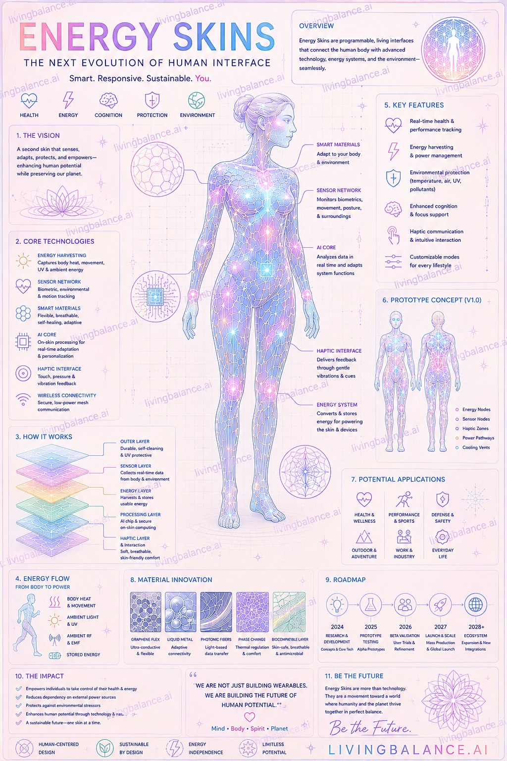 Energy Skins – conceptual pastel blueprint infographic showing vision, core technologies, layered how-it-works stack, energy flow, key features, prototype concept V1.0, potential applications, material innovation, roadmap and impact — LivingBalance.ai watermarked.