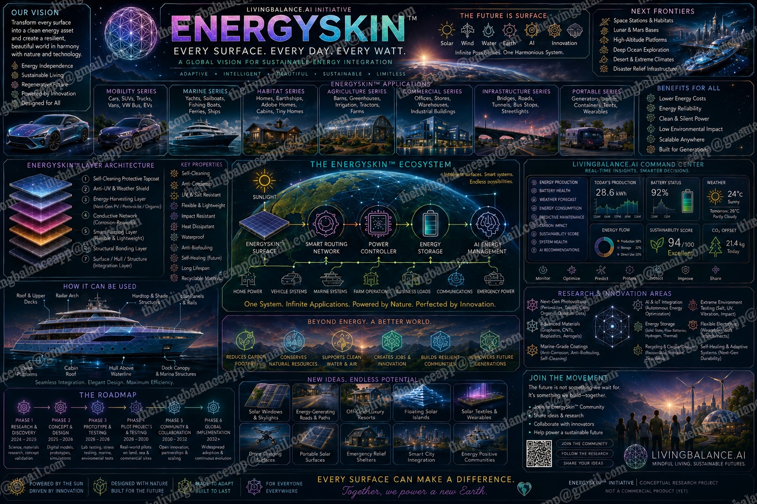 EnergySkin™ blueprint infographic — vision, layer architecture, ecosystem, seamless integration, LivingBalance.ai command center, roadmap, and core values