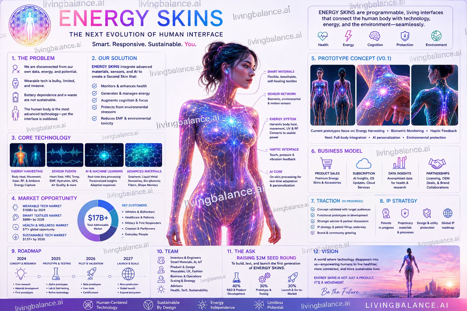 Energy Skins — the next evolution of human interface: problem, solution, core technology, market opportunity, prototype concept, business model, traction, IP strategy, roadmap, team, the ask, and vision