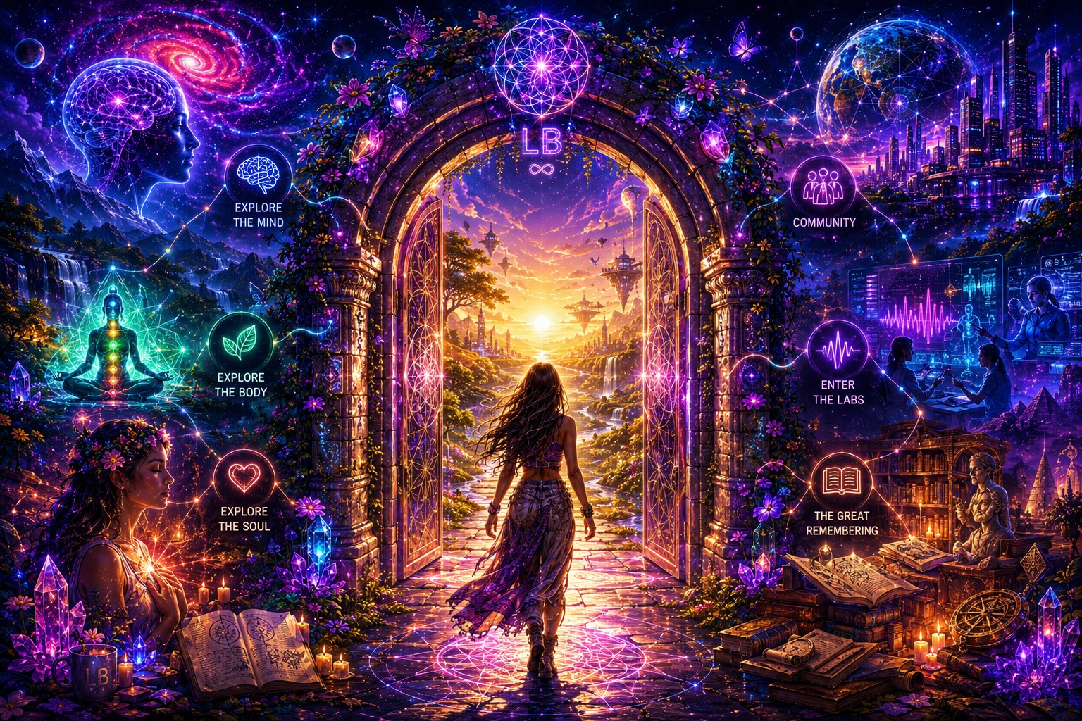 The Living Balance Explorer Gateway — a person stands at the threshold of a luminous portal, cosmic pathways branching into the Mind, Body, Soul, Labs, Community and The Great Remembering, framed by stars, sacred geometry and warm portal light.