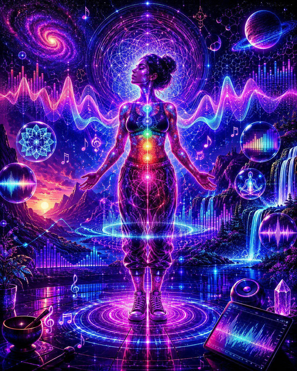 Feeling how your environment moves through you — a woman stands with arms open on a glowing sound-ring, her seven chakras illuminated up her spine, framed by sine waves, a galaxy, a Saturn-ringed planet, music notes, a mandala, waterfalls, sound-orbs and an equalizer tablet showing her voice as a frequency spectrum.