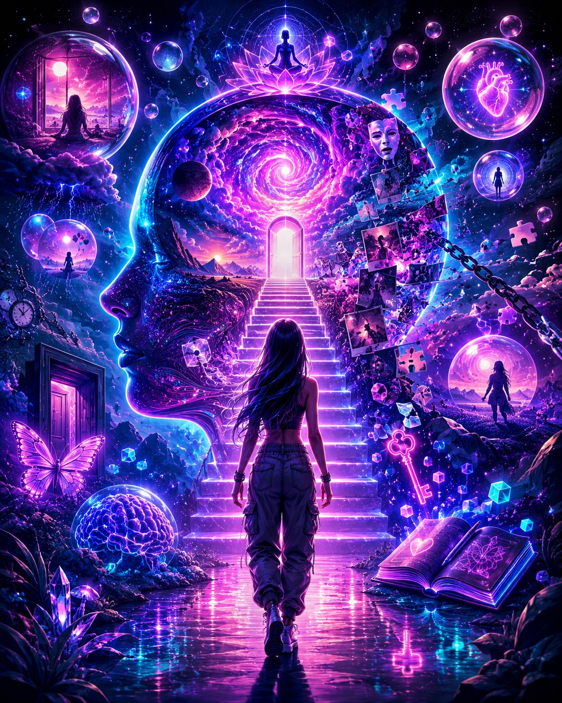 Standing at the entrance to your own subconscious — a figure walks a glowing staircase into a cosmic portrait of a head-shaped portal filled with galaxies, doorways, memories, chains, keys, puzzle pieces, a butterfly, a brain, a book of light and a meditator seated on a lotus above the mind.