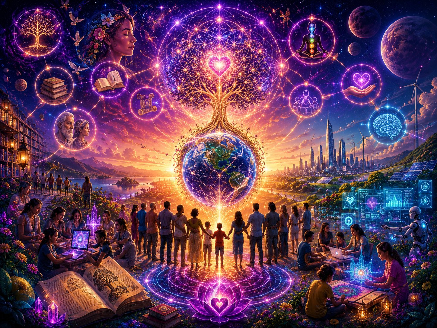 Why Living Balance exists — a community of diverse people join hands beneath a luminous Tree of Life growing from planet Earth, surrounded by ancestors, a child, books, brain, a lotus, wind turbines, solar panels, an AI companion and a distant future city at sunrise.