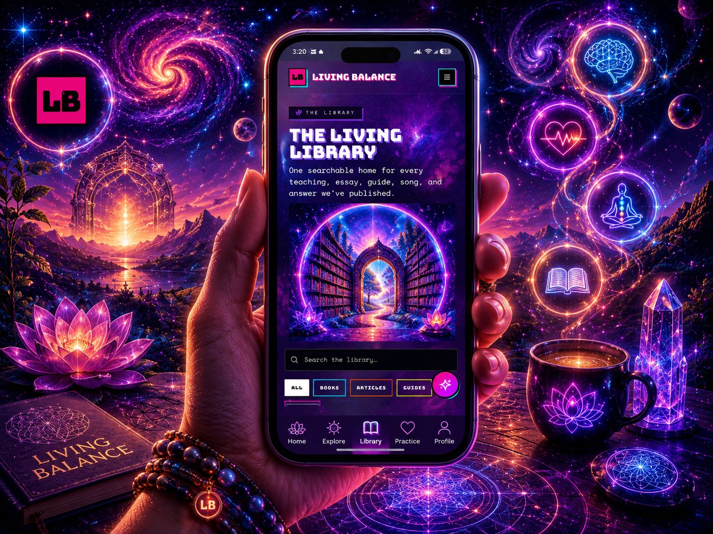 Living Balance in your hands — a hand holding a phone showing The Living Library screen of the Living Balance app, surrounded by cosmic mandalas, a lotus, mala beads, and a mug of tea.