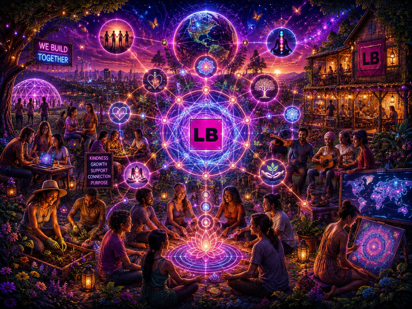 We Build Together — a diverse circle of people gardening, making music, sharing meals and creating art around a luminous LB mandala at sunset, connected to a global network of kindness, growth, support, connection and purpose.