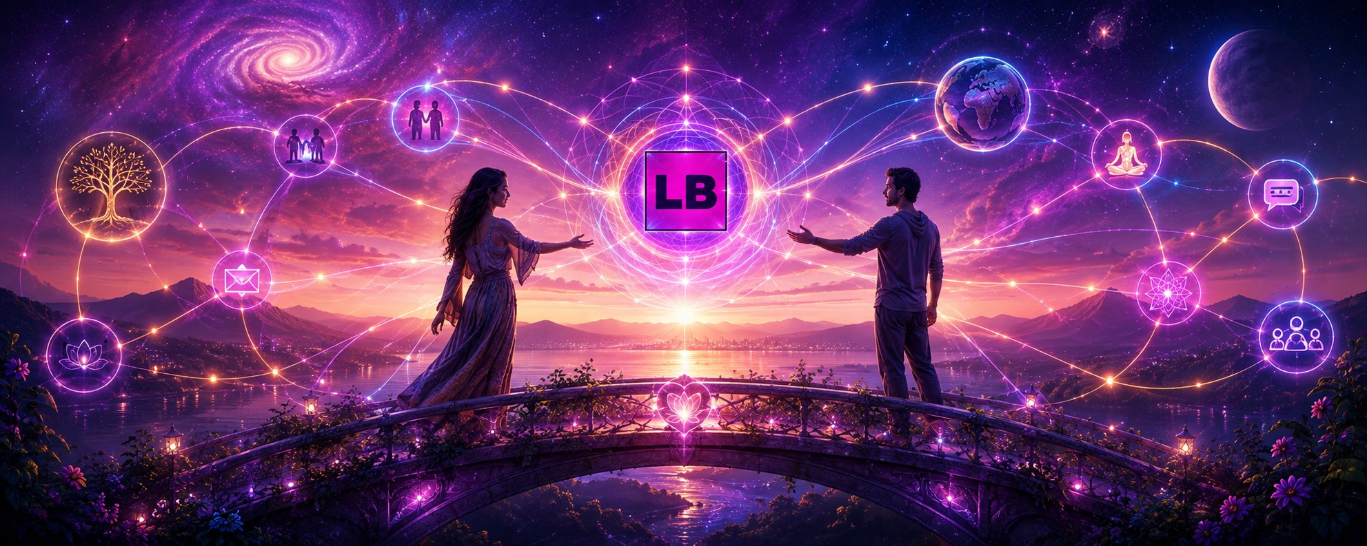 The Connection — a woman and a man reach toward each other across a luminous bridge over water at sunset, surrounded by a glowing web of ideas, Earth, the tree of life and community symbols.