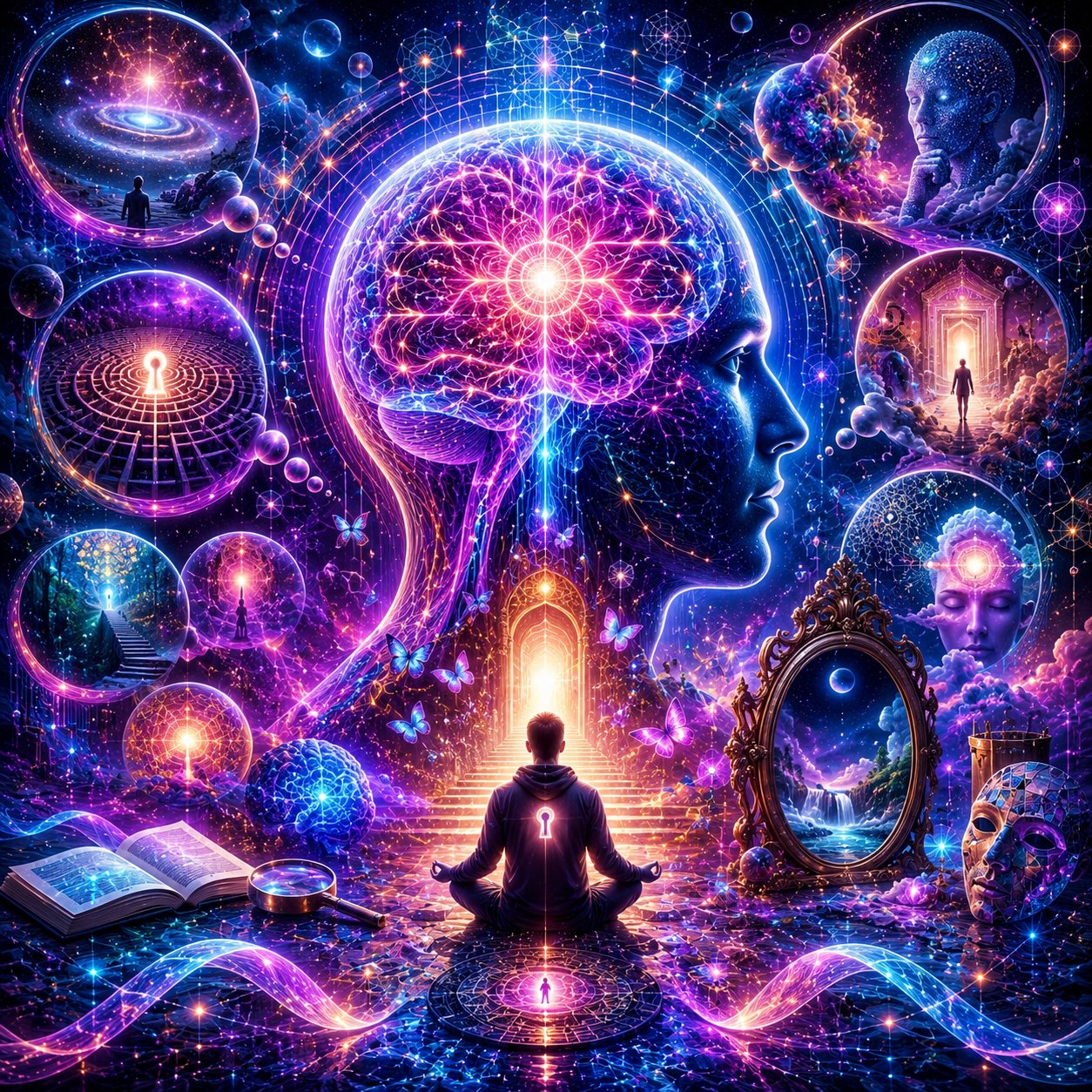 Inner Universe — a meditator crowned by a luminous brain mandala, keyhole labyrinths, an ancient mirror, a book of light and butterflies of thought representing the pattern-observing mind.