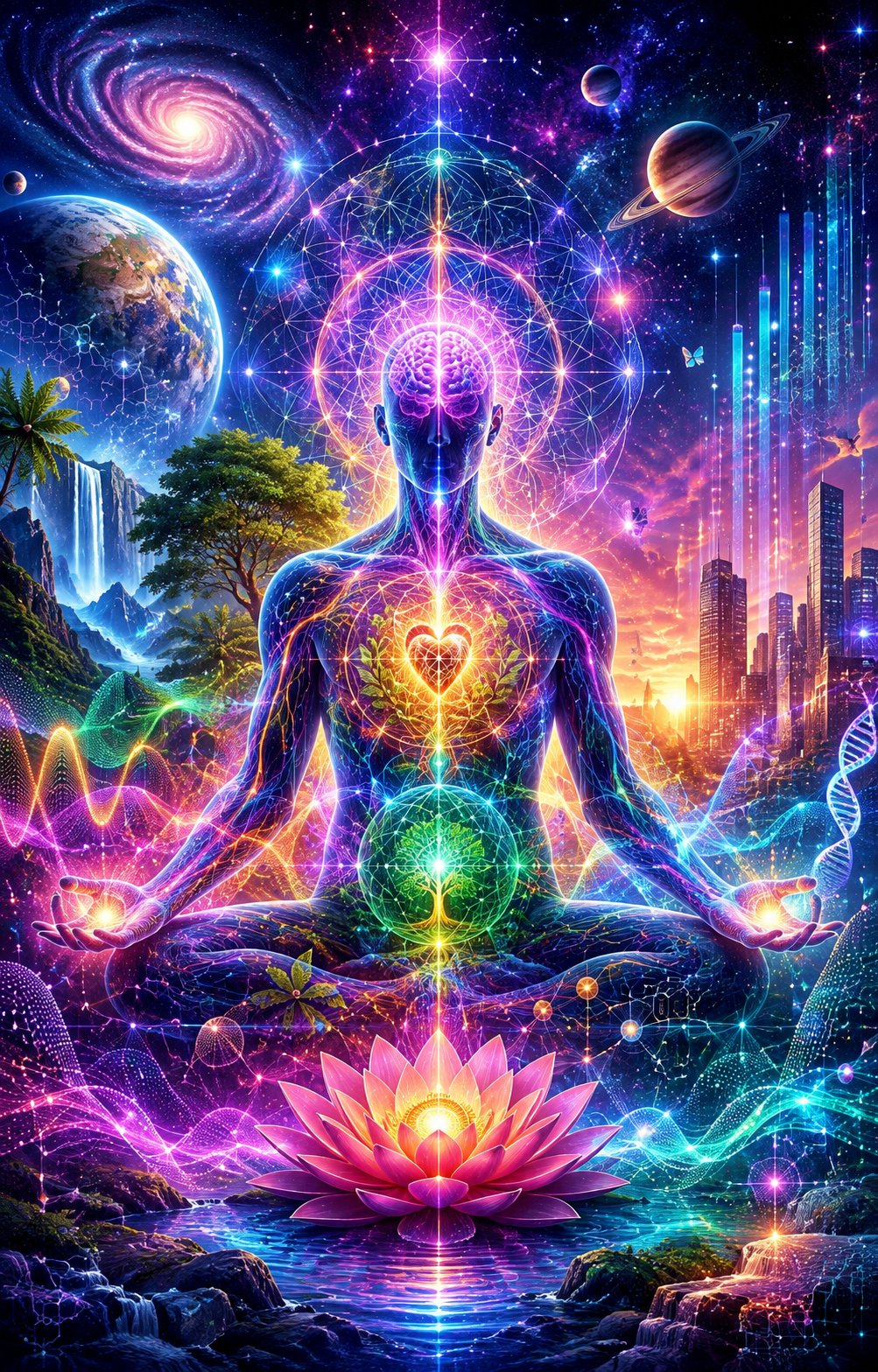 The Living Balance Universe — a luminous meditator in lotus pose with rainbow chakras up the spine, a Tree of Life at the heart, a lotus at the feet, and a cosmos of galaxies, planet Earth, Saturn, waterfalls, a distant future city and a spiraling DNA helix all around.