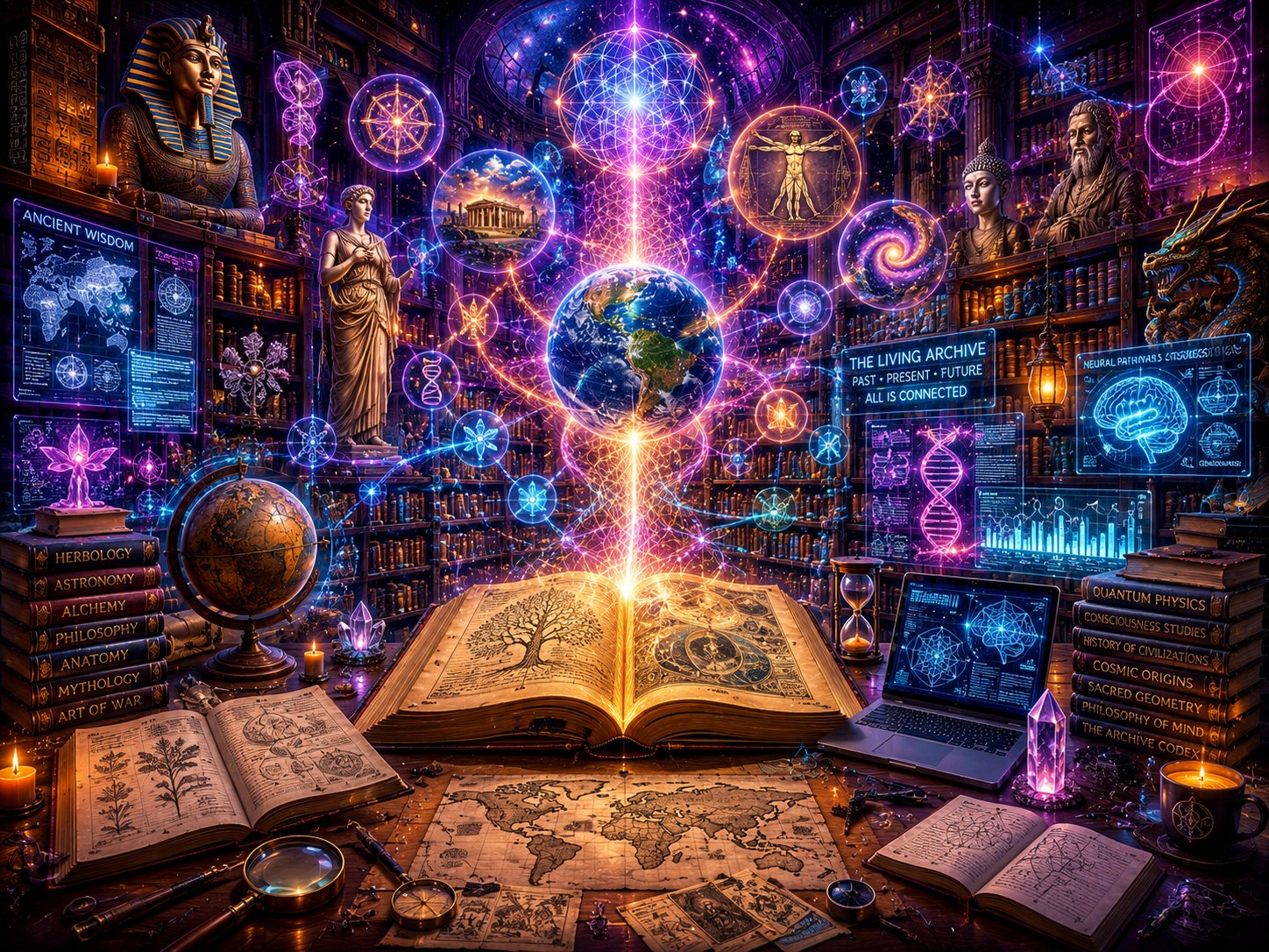The Living Archive — an ancient library of open books, herbology and philosophy tomes, a globe, hieroglyphic tablets, and holographic panels of neural pathways, DNA and quantum physics, threading past, present and future into one connected knowledge web.