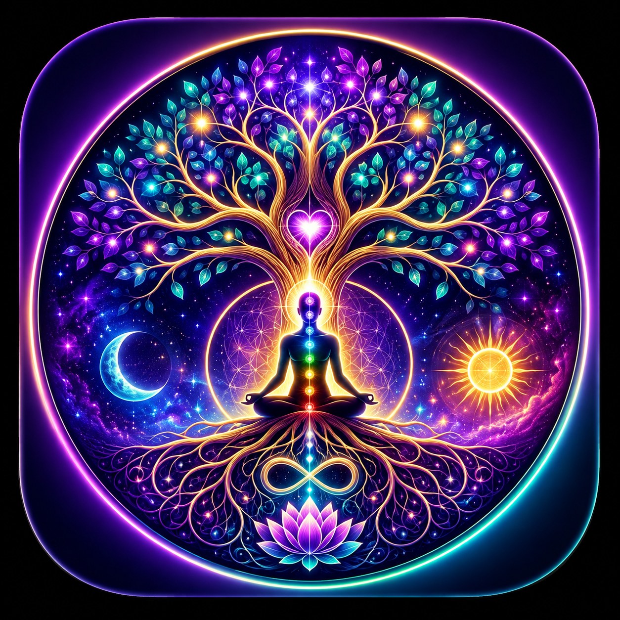 A meditative figure aligned with the seven chakras, rooted in a luminous Tree of Life beneath sun, moon, and starry cosmos — a symbol of community, growth, and mindful living.